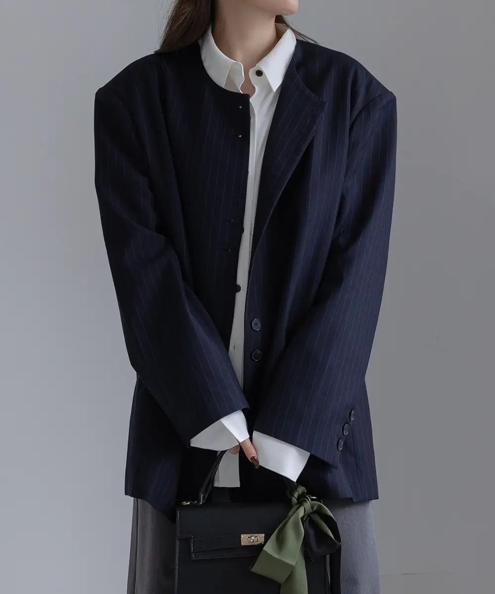 Collarless Striped Over Jacket