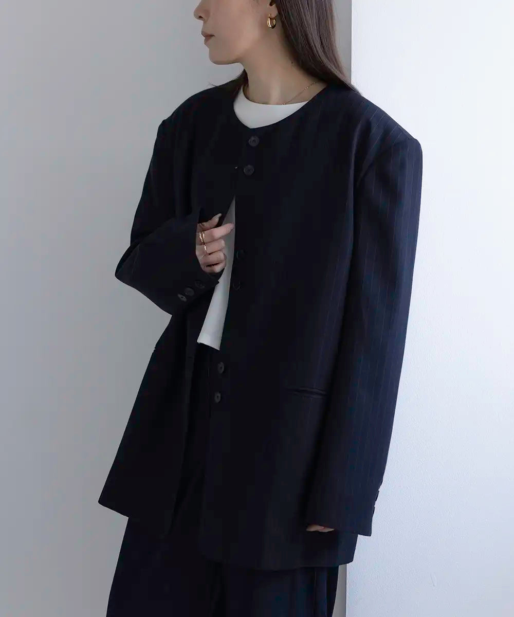 Collarless Striped Over Jacket