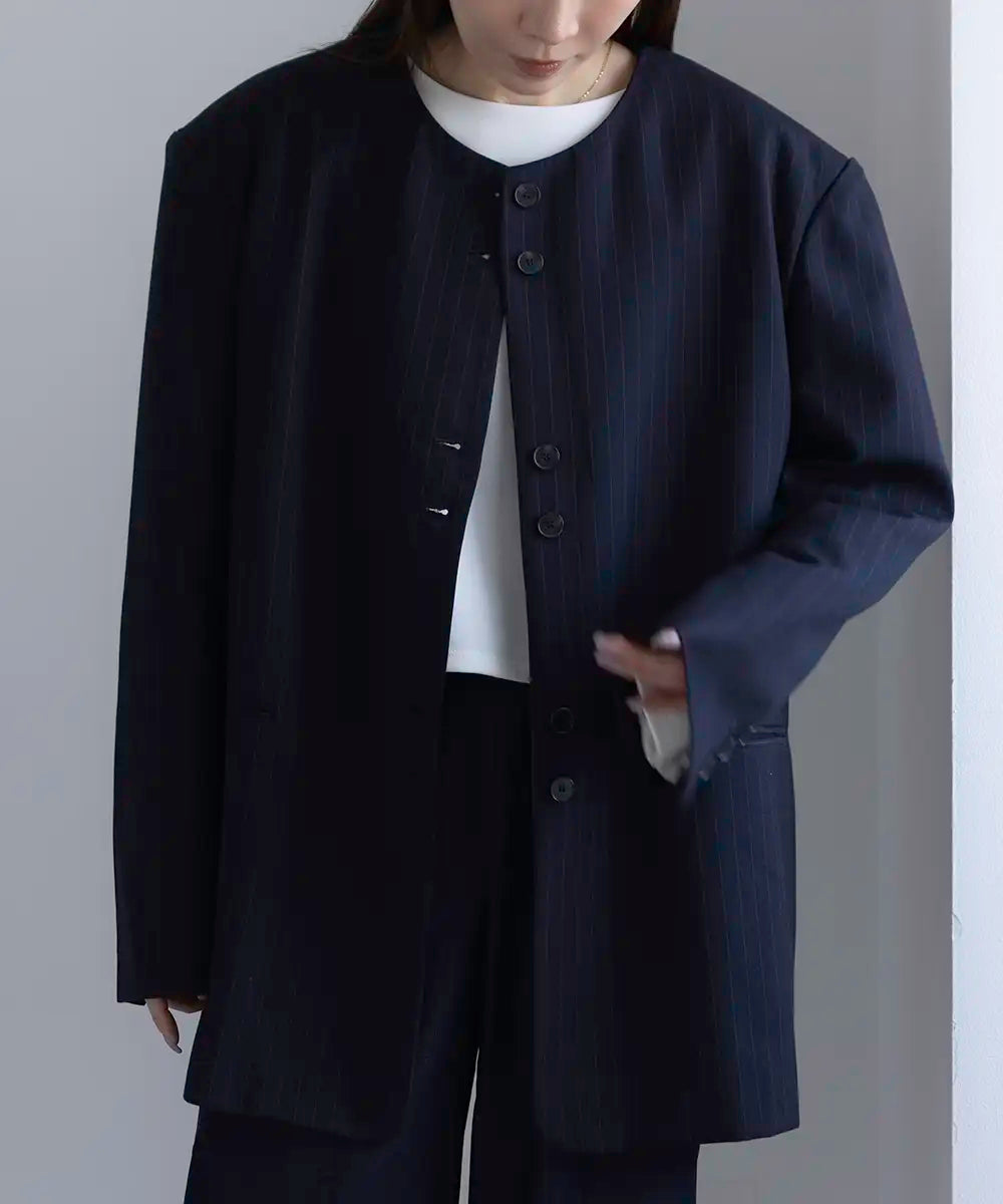 Collarless Striped Over Jacket