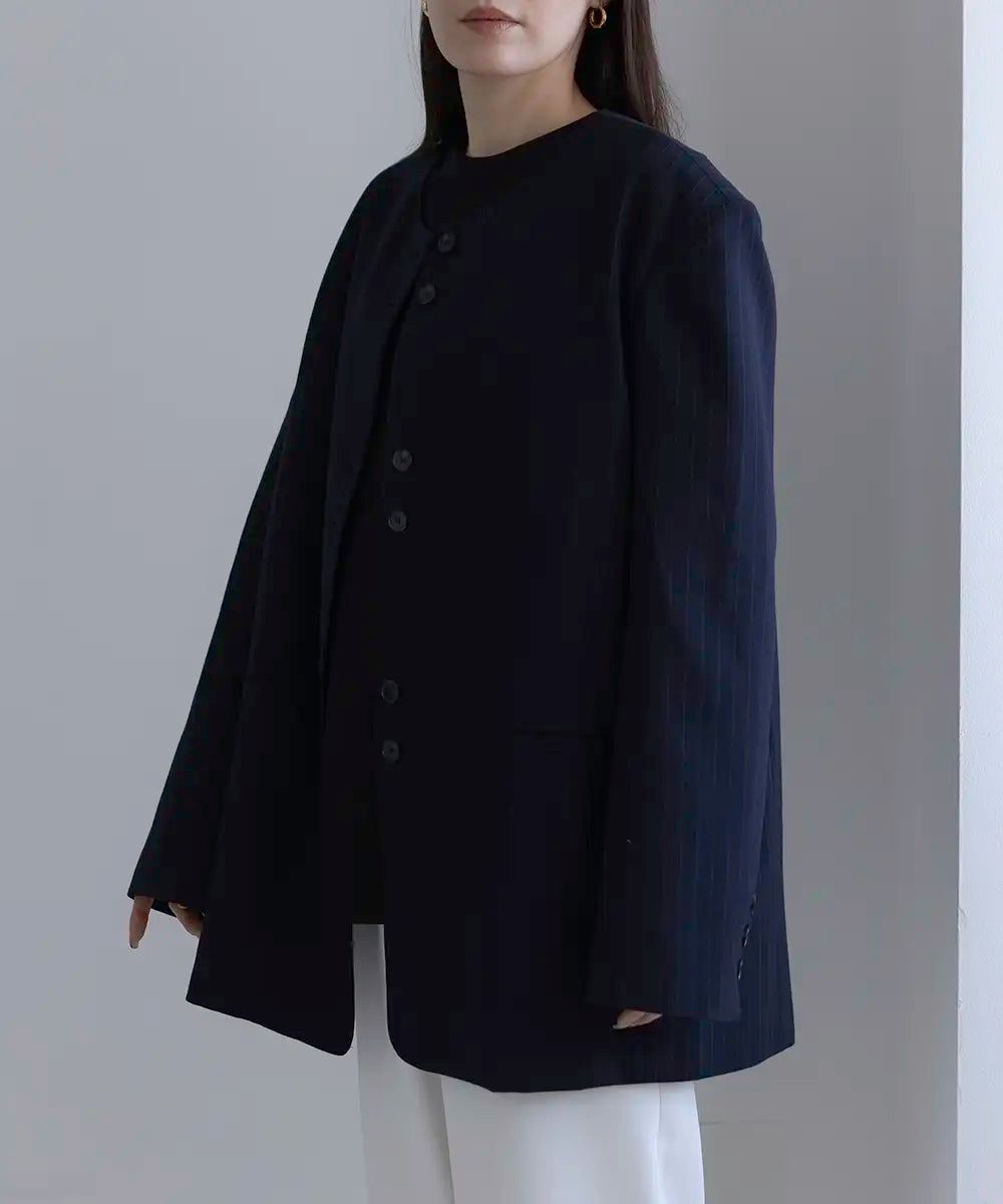 Collarless Striped Over Jacket