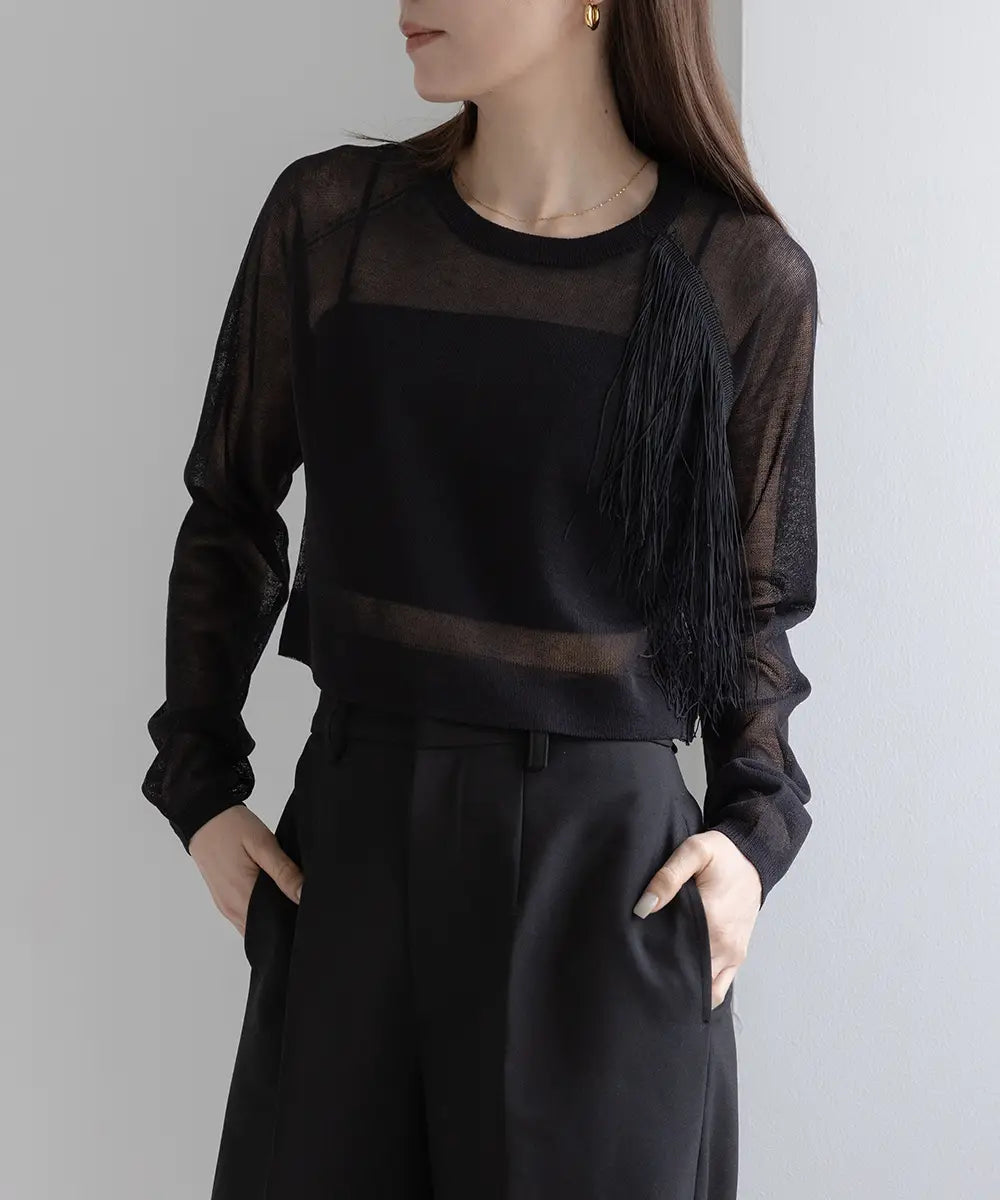 Asymmetric Fringe Sheer Knit