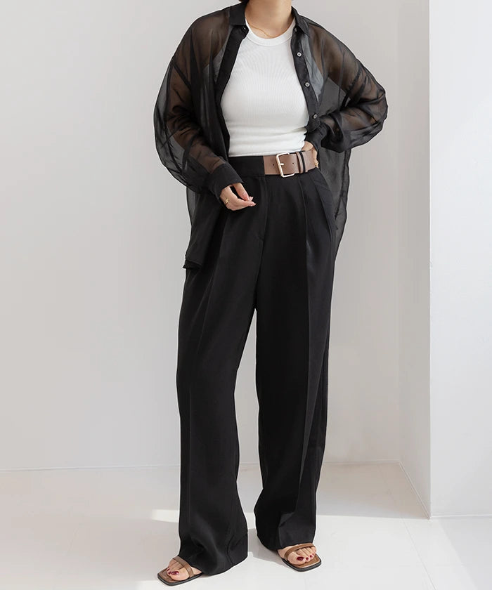 Belt Design Wide Slacks Pants